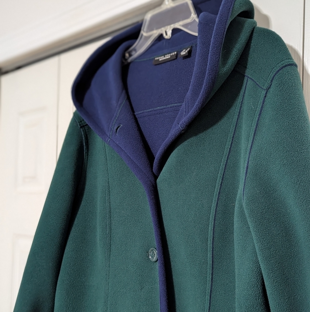 Susan Graver Dark Green/Navy Bonded Polar Fleece (Pea coat Style) Coat W/ Hood - Picture 2 of 11